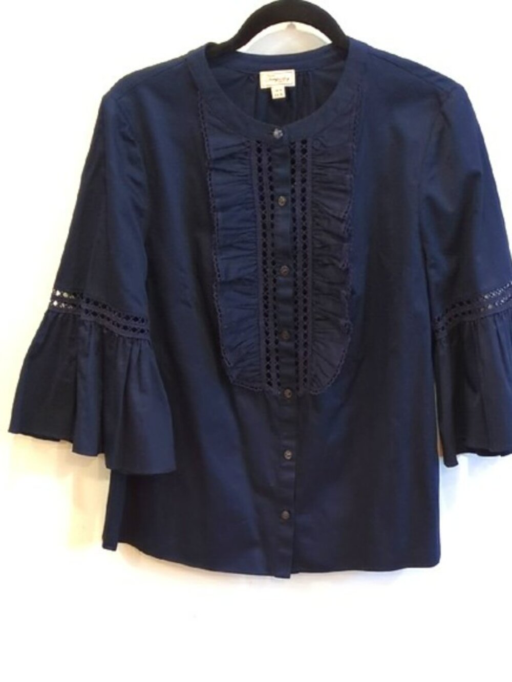 Temperley London Navy Cotton Trumpet Sleeve Blouse Preppy Luxe Minimalist Sz 10